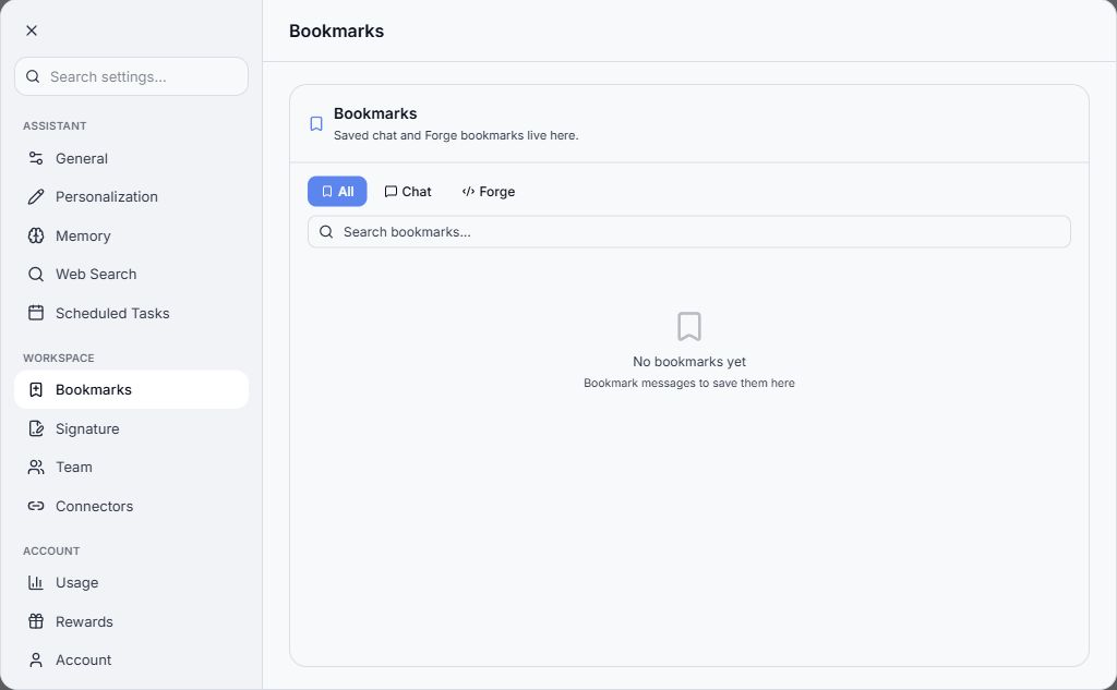 Bookmarks view with category filters and search