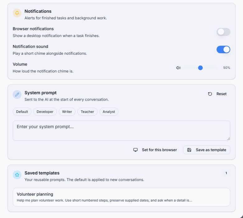 Saved Volunteer planning template and system prompt editor
