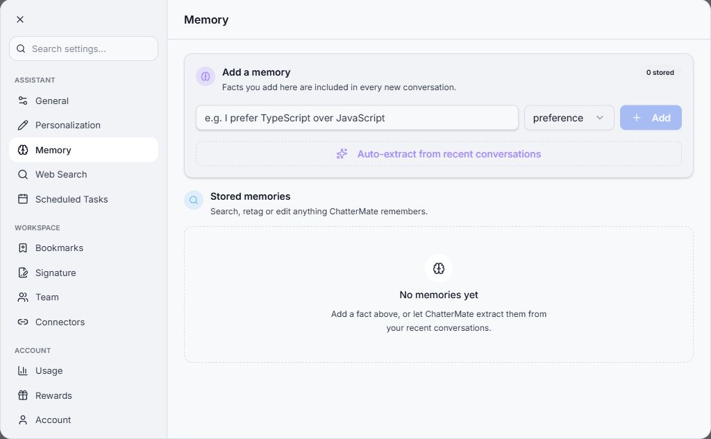 Memory settings with the entry field, category selector, and stored-memory list