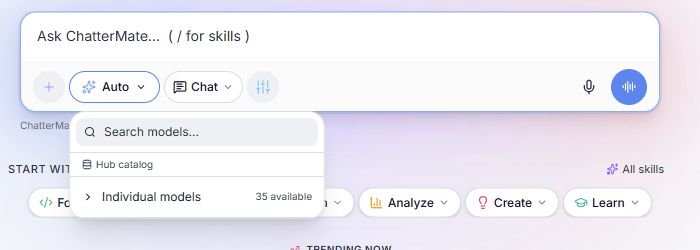 Open model selector showing search and the Individual models entry