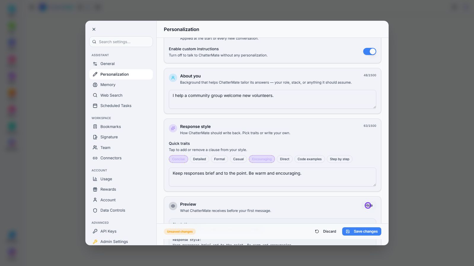 Custom instructions and preview before saving