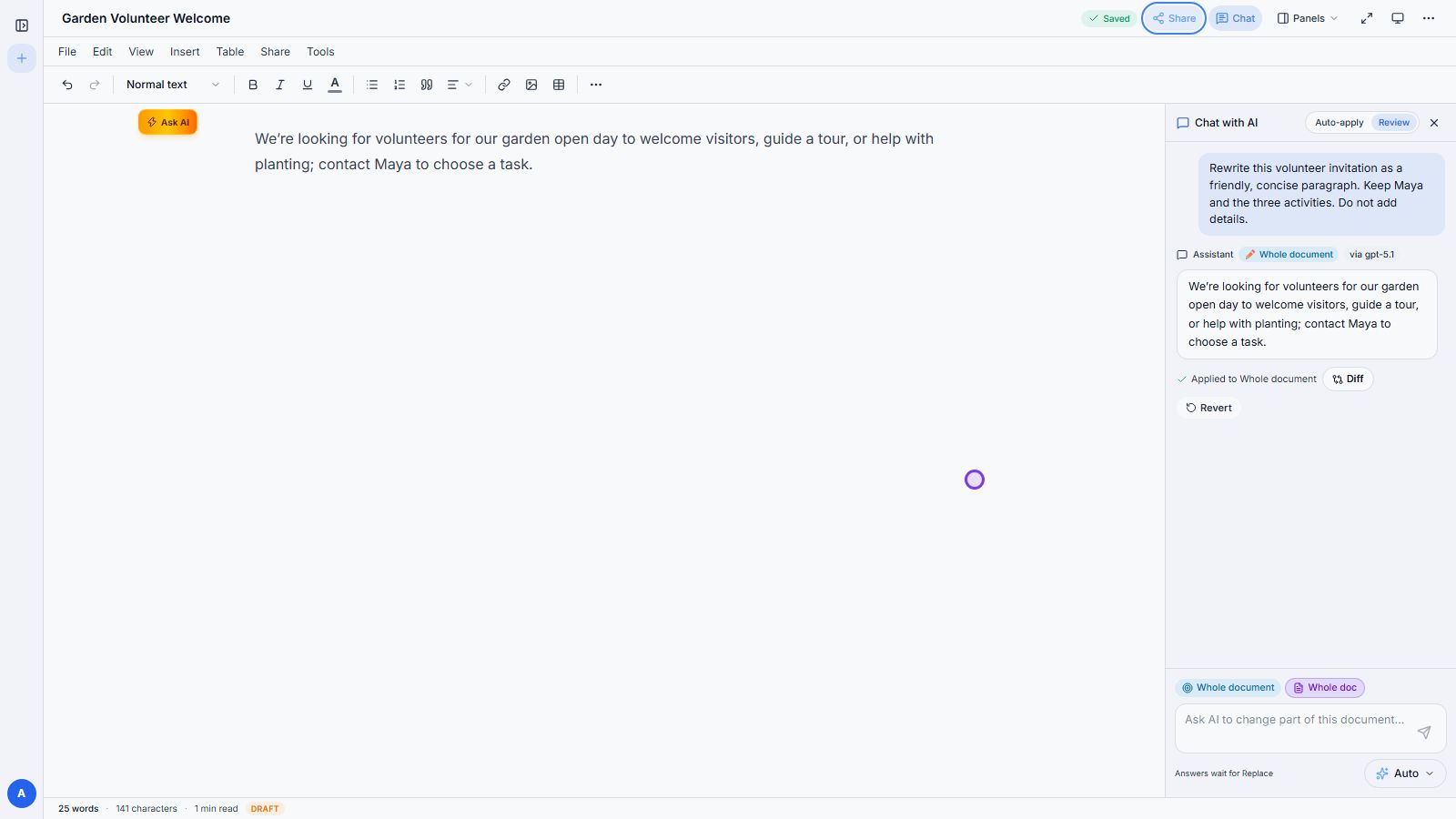 Recorded local review and apply an ai writer edit result