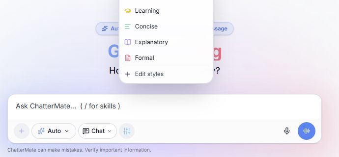 Chat Style choices with Normal currently selected