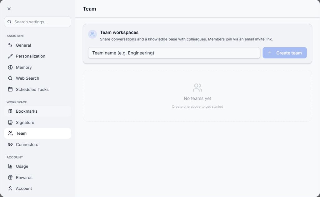Team workspace settings with the team-name field