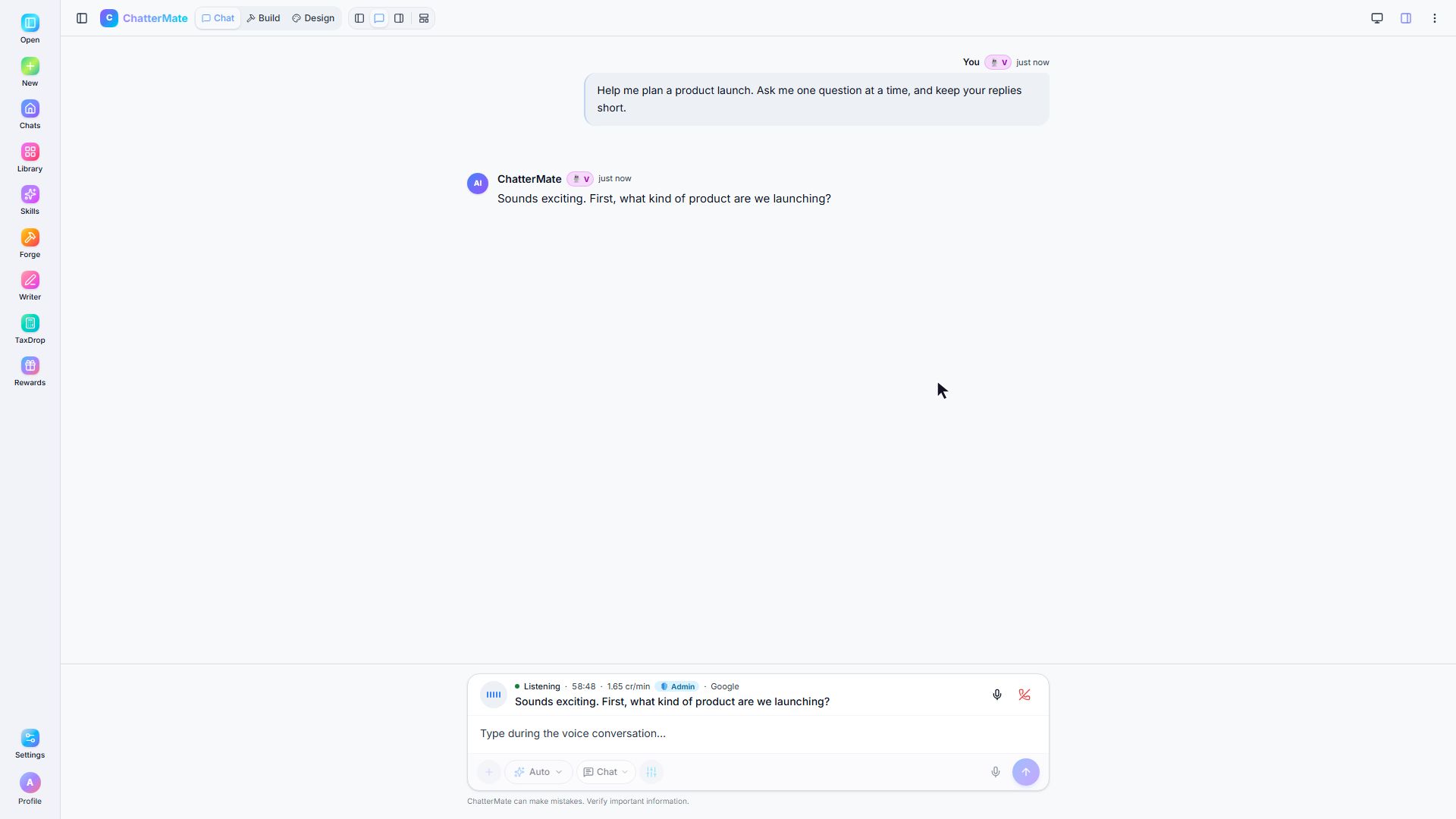 A real spoken sample question and ChatterMate reply shown in the voice transcript