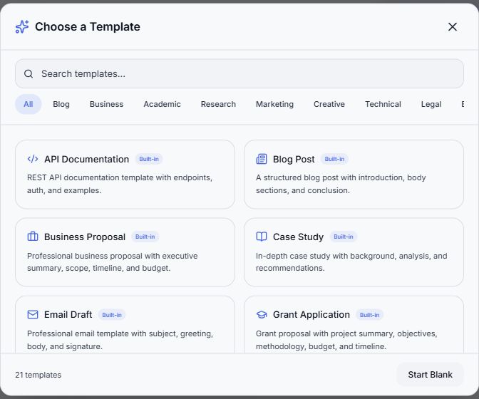 Writer template browser with categories and built-in examples
